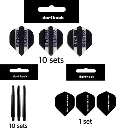 Darthoek| Ruthless |Flights (30 stuks) en Shafts (30 stuks) Medium Zwart |60 stuks totaal + 1 Set Darthoek flights