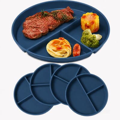 VHV Onbreekbare Kinderborden – 4 Stuks – 23 Cm Met 3 Vakken – Magnetron En Vaatwasmachinebestendig - Aparte Familieborden - Donkerblauw