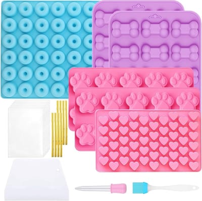 9-delige set silicone bakmat voor hondenkoekjes met 50 cellofaanzakjes, 50 metalen bindbanden en een scraper voor zelfgemaakte hondensnacks, koekjes en snoepjes