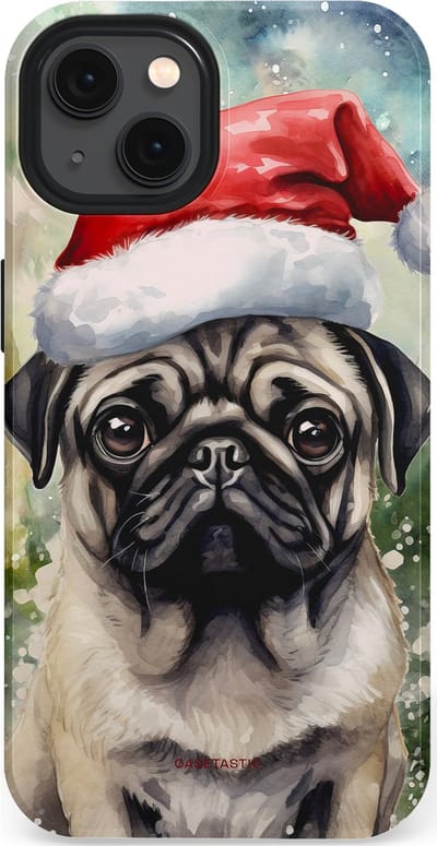 Casetastic hoesje geschikt voor Apple iPhone 13 - MagSafe - Dubbellaagse bescherming - Aquarel Kerstmis Pug Hond - Fashion Case - Grijs Taupe Donkergrijs Saliegroen
