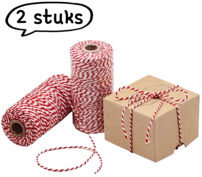2-delig - Kerst inpaktouw - Rood en wit katoenen touw Katoenen draad Kerstfeestdecoratie - Kerstcadeau inpakken DIY label touw Verpakkingstouw - Rood en wit