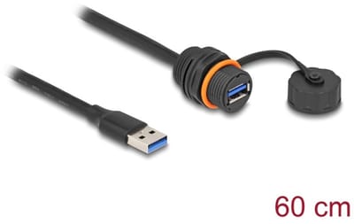 Delock USB 5 Gbps Cable USB Type-A male to USB Type-A female for installation with M20 thread and protective cap IP68 dust and waterproof 60 cm black