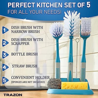 Set van 5 Afwasborstels met Handige Houder – Keuken Schrobborstels met Antislip Handgreep voor Gootstenen, Schalen, Bekers en Potten