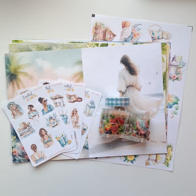 Cozy summer journal set - stickers - papier - thema zomer zee - bullet journal stickers- washi tape - transparante stickers - scrapbook - knutsel bundel - hobbypakket - volwassenen en kinderen