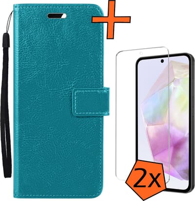 Hoes - Met 2x Screenprotector - Geschikt voor Samsung Galaxy A35 - Luxe Pasjeshouder - Bookcase Portemonee - Flip Case - Kunstleer Book Case - Flipcase Hoes - Book Cover - Walletcase - PortemonneeHoes - Turquoise