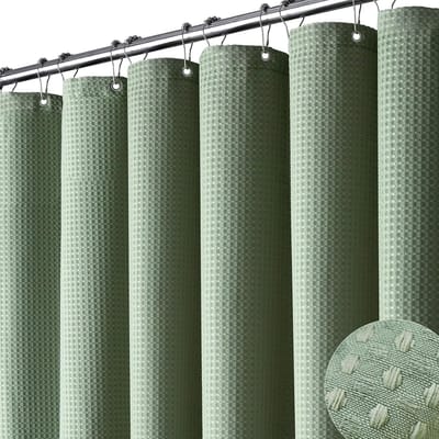 Douchegordijn van Zware Wafelstof - Waterafstotend, Kreukvrij en Valt Strak (180x180 cm, Grasgroen) - Polyester Badkamer Gordijn Set met 12 Haken, Geschikt voor Moderne Hotel, Appartement en Eigen Huis