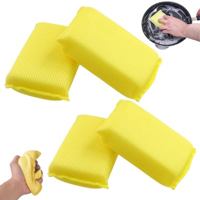4 stuks - Vierkante spons - Autowasspons - Microvezel schrobspons - Geel - 12*8*4 cm - Schoonmaakspons - Autowasspons met gaasstructuur - Multifunctionele schoonmaakspons - Geschikt voor de afwas