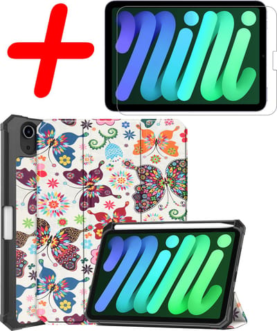 Hoesje Geschikt voor Apple iPad Mini 6 (2021) - 8.3 inch - 6e Generatie - Met Screenprotector - Trifold Bookcase - Hard Cover Case - Met Uitsparing Geschikt voor Apple Pencil - Hardcover Book - Tablet Hoes - Vlinders