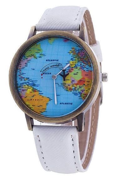Hidzo Horloge Wereldkaart - Ø 38 mm - Wit - kunstleer - In Horlogedoosje
