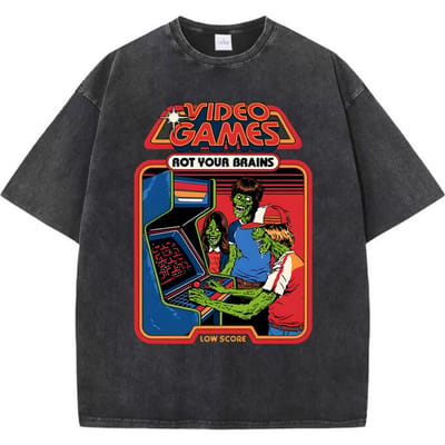Videogames maken je hersenen kapot Gewassen Retro Heren T-shirt Katoen Losse T-shirts Katoen Oversized Streetwear Ademend T-shirt Koppel 3XL black