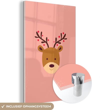MuchoWow® Glasschilderij 40x60 cm - Schilderij acrylglas - Rendier - Kerst - Roze - Kerstmis - Winter - Foto op glas - Schilderijen