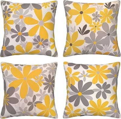 Set van 4 kussenslopen, 65 x 65 cm, gele en grijze print, kussenslopen, fluweel, zacht, groot, ademend, dubbelzijdig, bankkussen, vierkant, decoratie voor huis, woonkamer, bank, stoel, slaapkamer