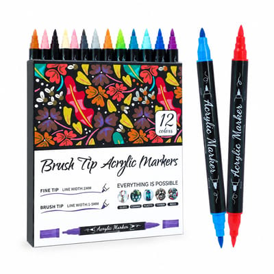 Acrylmarkers - 12 kleuren - Dubbelzijdig met penseelpunt - Voor tekenen en schilderen - Basisverpakking
