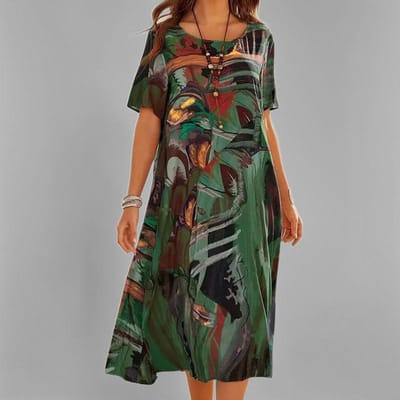 Lente nieuwe dameskleding retro print mode casual ronde hals lange jurk L gray