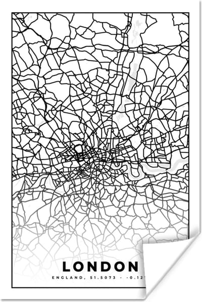 Poster Londen - Zwart Wit - Stadskaart - Plattegrond - Kaart - 120x180 cm XXL