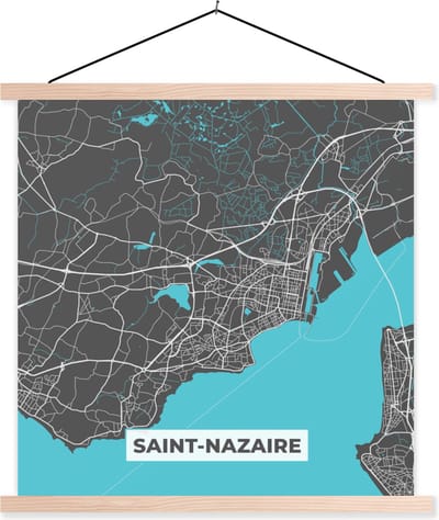 Posterhanger incl. Poster 40x40 cm - Schoolplaat - Stadskaart – Frankrijk – Kaart – Saint-Nazaire – Plattegrond - Textielposter - Blanke latten - Stadskaart