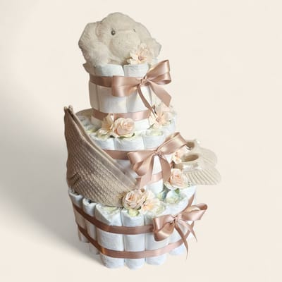 Luiertaart Bruin 3-laags – Groot Kraamcadeau met Honden Knuffel