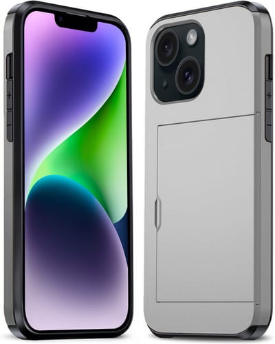 Hoesje Geschikt voor iPhone 14 Hoesje Pasjeshouder Shockproof Hard Case - Hoesje Geschikt voor iPhone 14 Hoes Met Kaarthouder - Grijs