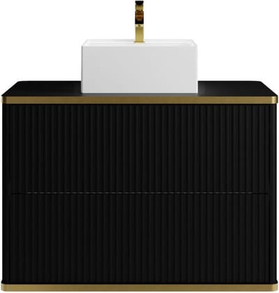 Vente-unique Zwevend, geribbeld badkamermeubel met goudkleurige randen en opbouwwastafel - Zwart - 80 cm - KELIZA