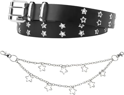 Set van 2 Stuks Zwarte Studs Riem en Afneembare Gelaagde Sterrenketting voor Goth Punk Grunge Aesthetic, Perfect voor Halloween Kostuum en Dagelijks Streetwear