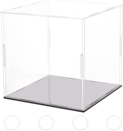 Transparante Acrylaat Vitrine met Zwarte Basis en 4 Rubberen Ringen - 16x16x15cm Cube voor Actiefiguren, Stofdicht en Zelf in Te Monteren Showcase