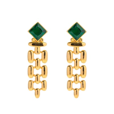 Schakel Oorbellen met Vierkante Groene Steen – Klassiek Design | Twinolo