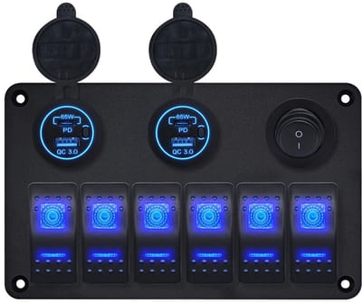 ProRide Schakelpaneel 12V voor Auto/Boot - USB C Lader 4 poorten met Schakelaar - 65W/QC3.0 - 6 Schakelaars