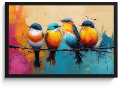 Poster in lijst - Fotolijst 60x40 cm - Posters - Vogels - Kleurrijk - Tak - Abstract - Posterlijst zwart - Decoratie - Wanddecoratie woonkamer - Muurdecoratie slaapkamer