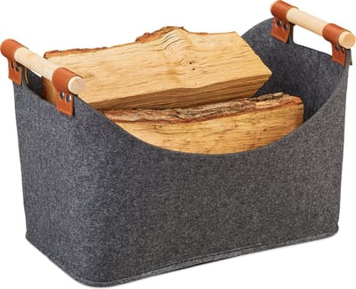 vilten mand - 27 x 40 x 22 cm - opvouwbare houtmand - met hengsels - donkergrijs