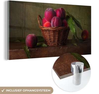 MuchoWow® Glasschilderij 120x60 cm - Schilderij acrylglas - Mand - Pruim - Roze - Rustiek - Fruit - Stilleven - Foto op glas - Schilderijen