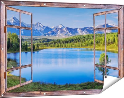 Gards Tuinposter Doorkijk Meer bij de Bergen in het Bos - 120x80 cm - Tuindoek - Tuindecoratie - Wanddecoratie buiten - Tuinschilderij