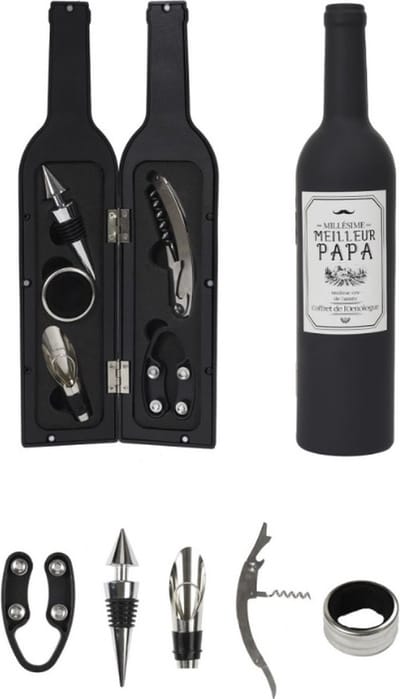 Wijnkist incl. 5 accessoires - kleur zwart - cadeau set - gift set - Wijnaccessoires - Wijnliefhebber - cadeauverpakking - kurkentrekker - flessenstop - wijnschenker - anti-drup ring - foliesnijder