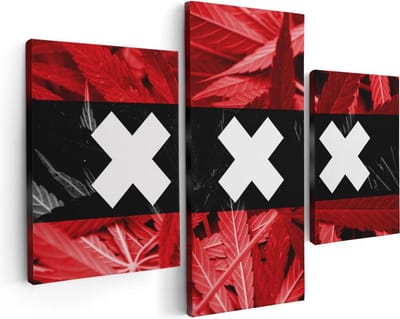Artaza Canvas Schilderij Drieluik Amsterdamse Vlag Met Cannabis Achtergrond - 90x60 cm - Wanddecoratie Woonkamer - Schilderijen - Muurdecoratie