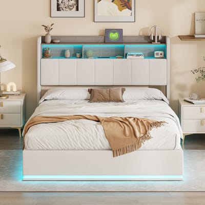 Gestoffeerd tweepersoonsbed met ledverlichting en grote opbergruimte, 140x200 cm, hydraulisch bed met opbergbaar hoofdeinde, jeugdbed, appartementbed, fluweel, wit