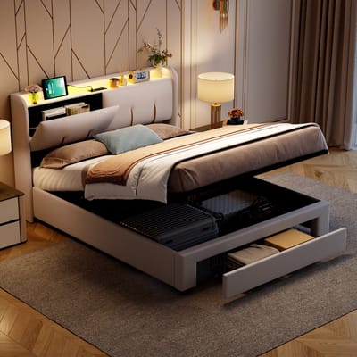 Gestoffeerd bed van 160 x 200 cm met hydraulische functie, modern tweepersoonsbed met verlichting en USB-oplaadpunten, opbergruimte met lades aan het voeteneinde, opklapbare opbergruimte in het hoofdeinde, gebroken wit fluweel, exclusief matras