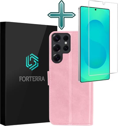 Hoesje Met Screenprotector - Geschikt voor Samsung Galaxy S25 Ultra - Luxe Pasjeshouder - Flipcase - Bookcase Portemonee - Flip Case - Kunstleer Book Case - Book Cover - Walletcase - Portemonneehoes - Lichtroze