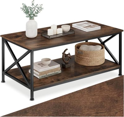 Stevige Salontafel Industrieel Design met 2 Planken - Houtlook en Zwart Metaal