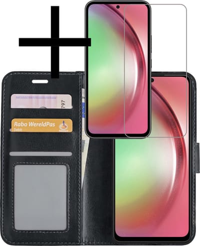 Hoesje - Met Screenprotector - Geschikt voor Samsung Galaxy A54 - Luxe Pasjeshouder - Bookcase Portemonee - Flip Case - Kunstleer Book Case - Flipcase - Book Cover - Walletcase - Portemonneehoes - Zwart