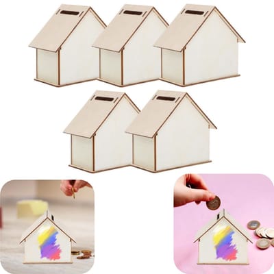 5 stuks spaarpot - huisvormige spaarpot - muntopslagpot - kleingeldopslagdoos - houten spaarpot - DIY mogelijk - uitneembaar - opslagaccessoires - geschikt voor thuis, kinderen, (wit, 10*5,5 cm)