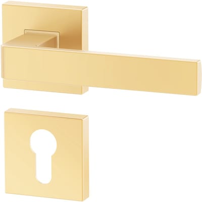 Mat Gouden Deurbeslag ERGO, Deurbeslag set Binnendeur, Deurklink Set, Deurklink Op Vierkante Rozet met Cilindergat, Mat Goud, Deurkruk, Incl. Bevestigingsmateriaal - Terugslagveer