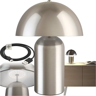 tectake® Retro Tafellamp - Paddenstoeldesign - Vintage Lamp - Warm Wit Licht - Touch Schakelaar - Draadloos - Dimbaar - 5W - Oplaadbaar - Draadloos - Hoogte 34cm - Nikkel
