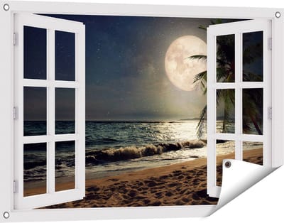 Gards Tuinposter Doorkijk Tropisch Strand in de Nacht met Volle Maan - 90x60 cm - Tuindoek - Tuindecoratie - Wanddecoratie buiten - Tuinschilderij