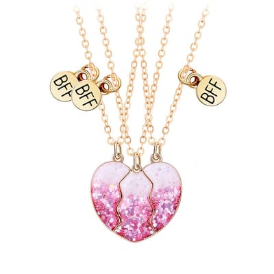 Bixorp Friends BFF Ketting voor 3 met Roze Glitter Hartje - Goudkleurig - Regenboog Vriendschapsketting - Best Friends