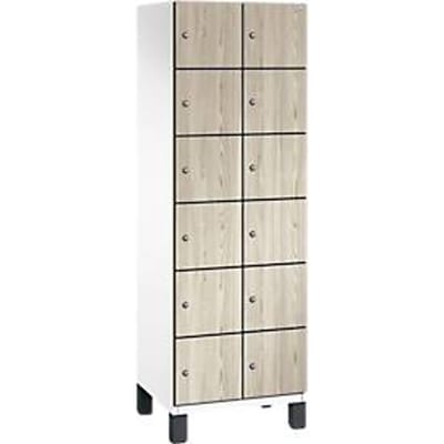 C+P Cambio lockerkast, 2 vakken, 12 vakken, op poten, B 600 x D 525 x H 1980 mm, verkeerswit / essenhout decor
