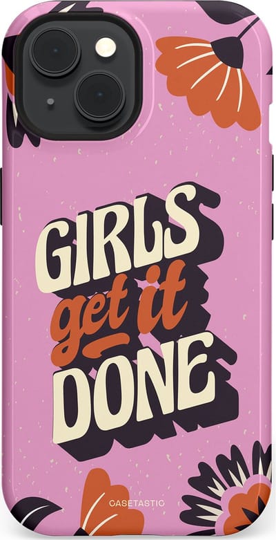 Casetastic hoesje geschikt voor Apple iPhone 15 - MagSafe - Dubbellaagse bescherming - Girls get it done - Fashion Case - Lila Donkergrijs Terracotta