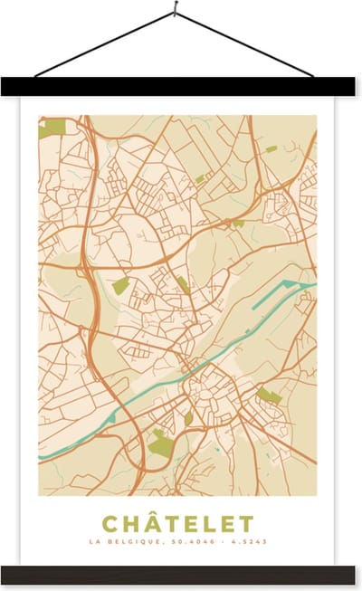 Posterhanger incl. Poster 40x60 cm - Schoolplaat - Kaart - Stadskaart - Châtelet - België - Plattegrond. - Textielposter - Zwarte latten - Stadskaart