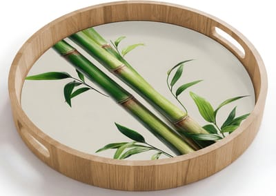 Dienblad rond 40x40 cm - Schootdienblad hout - Bamboestengels - Sierlijk - Groen - Borrelplank rechthoek - Plateau houten dienbladen