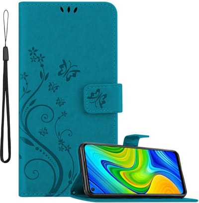 Cadorabo Hoesje geschikt voor Xiaomi RedMi NOTE 9 in BLOEMEN BLAUW - Beschermhoes in bloemmotief met magnetische sluiting, standfunctie en kaartsleuven Book Case Cover Etui