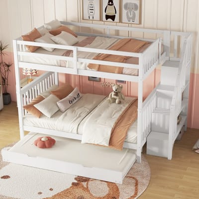 DESMIU Stapelbed 140x200cm – Bed met Uitschuifbaar Rolbed en Trapopbergruimte – Hoge Beschermranden – Voor Kinderkamer – Grenenhout en MDF – Wit – Zonder matras