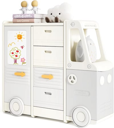 KOMFOTTEU Kinder auto opbergkast - Boeken- en speelgoedopberger met 4 lades - gesloten kasten, tekentafel - HDPE-kinderplank voor speelkamer